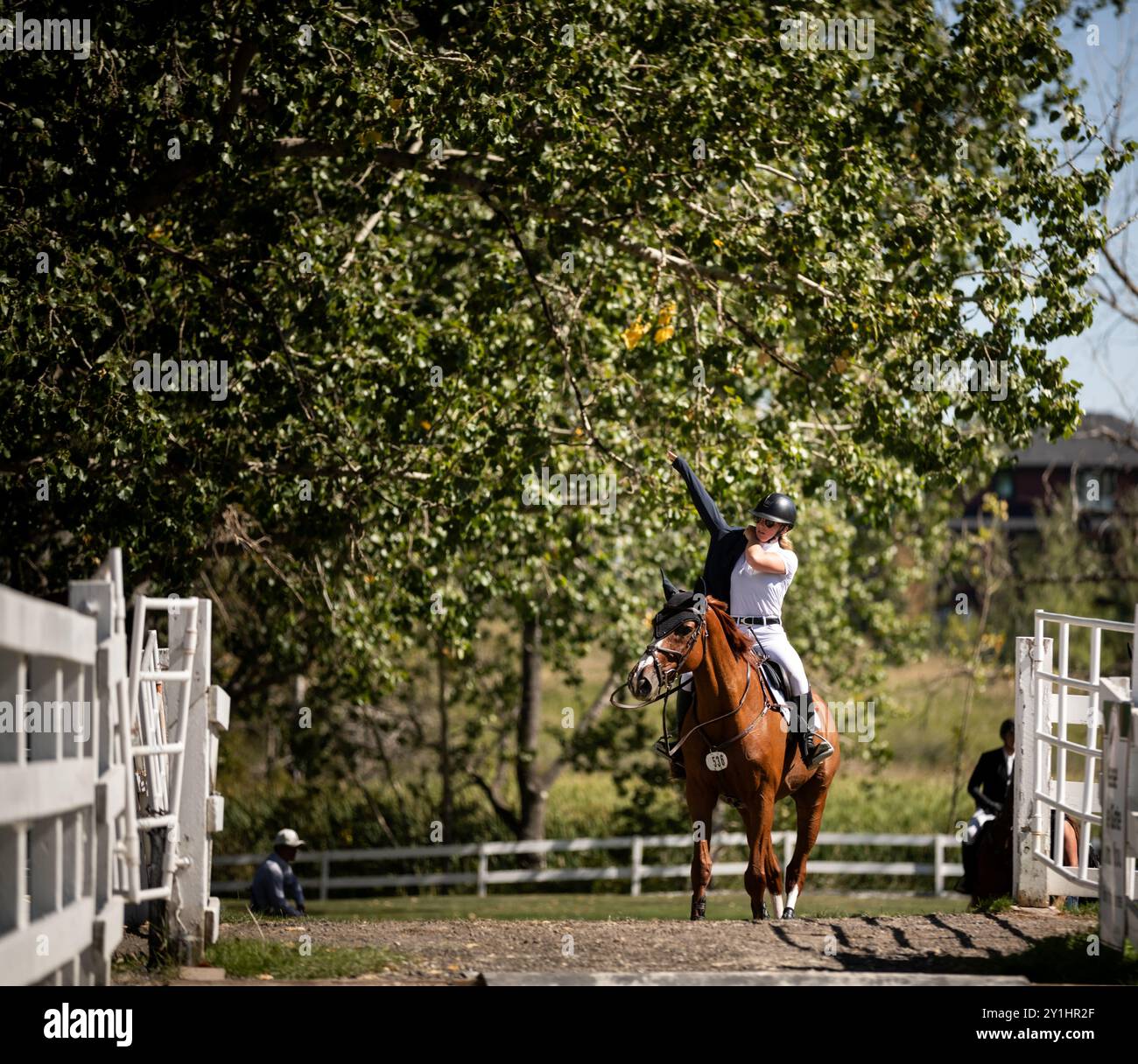 Calgary, Kanada - 6. September 2024. Jaydan Stettner aus Kanada tritt während der Rolex Masters in der 1,45 m langen CSI2*-Klasse in Spruce Meadows an. Mark Spowar Stockfoto