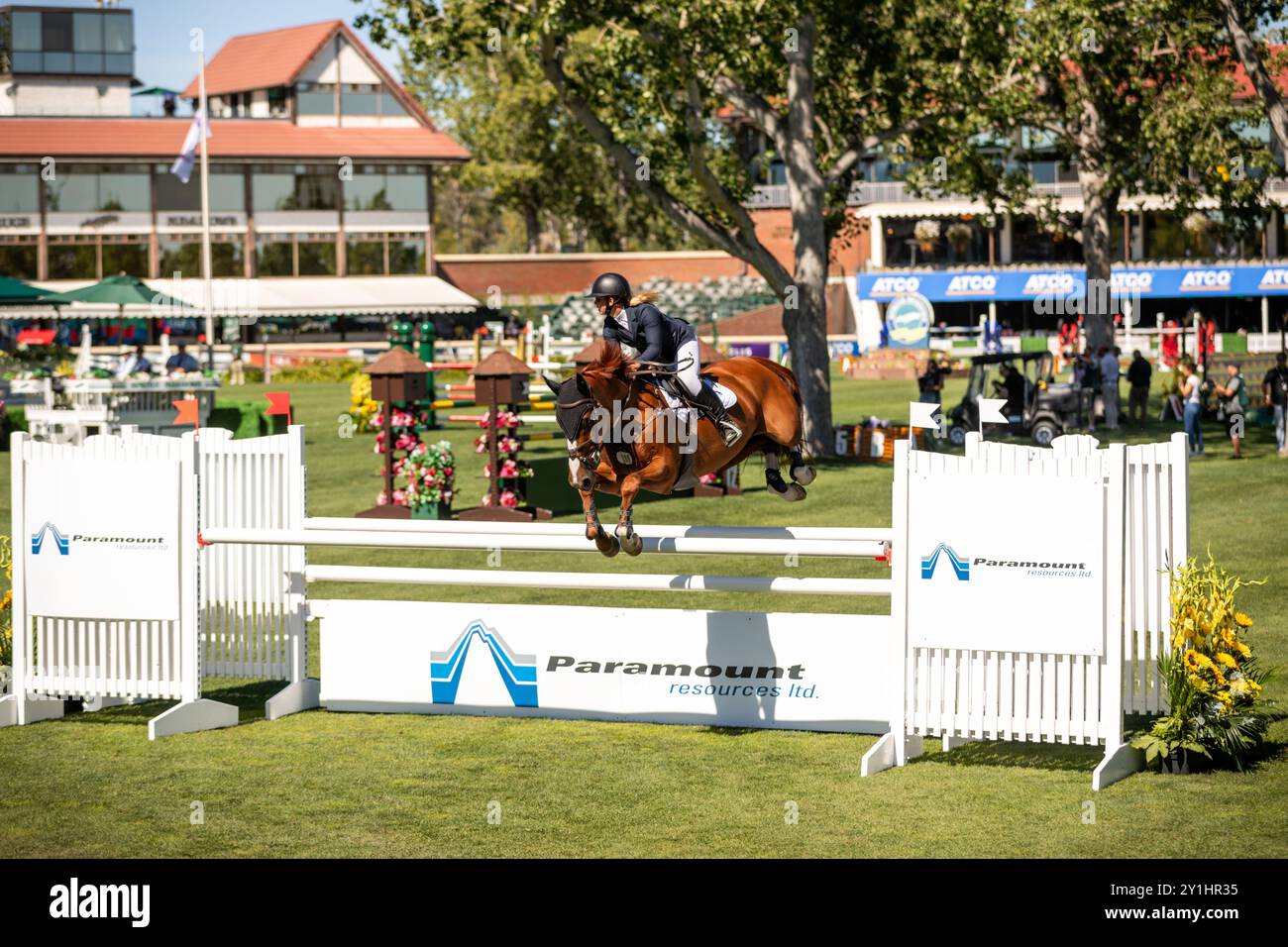Calgary, Kanada - 6. September 2024. Jaydan Stettner aus Kanada tritt während der Rolex Masters in der 1,45 m langen CSI2*-Klasse in Spruce Meadows an. Mark Spowar Stockfoto