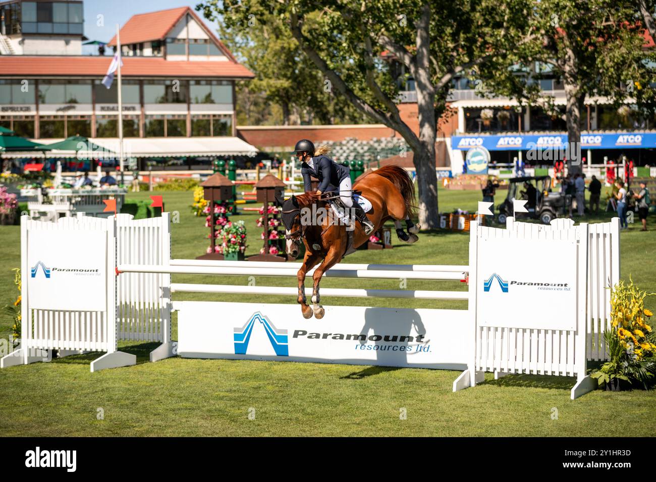 Calgary, Kanada - 6. September 2024. Jaydan Stettner aus Kanada tritt während der Rolex Masters in der 1,45 m langen CSI2*-Klasse in Spruce Meadows an. Mark Spowar Stockfoto