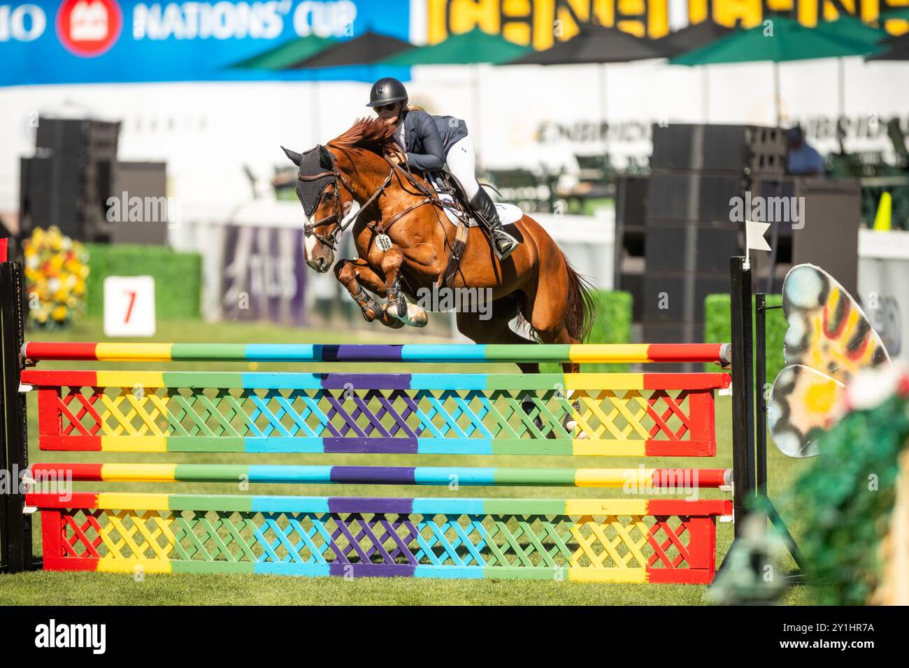 Calgary, Kanada - 6. September 2024. Jaydan Stettner aus Kanada tritt während der Rolex Masters in der 1,45 m langen CSI2*-Klasse in Spruce Meadows an. Mark Spowar Stockfoto