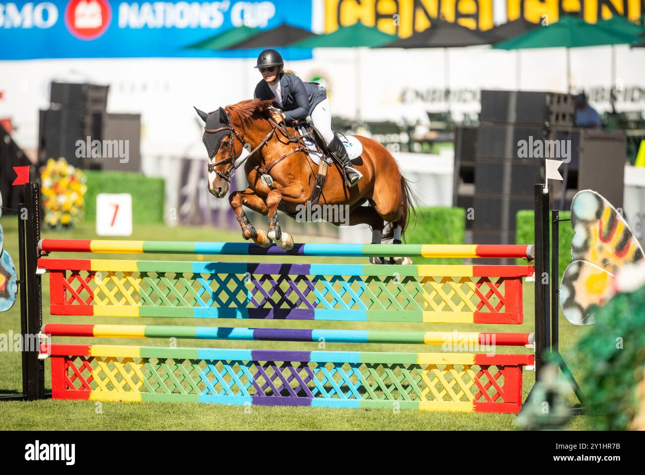 Calgary, Kanada - 6. September 2024. Jaydan Stettner aus Kanada tritt während der Rolex Masters in der 1,45 m langen CSI2*-Klasse in Spruce Meadows an. Mark Spowar Stockfoto