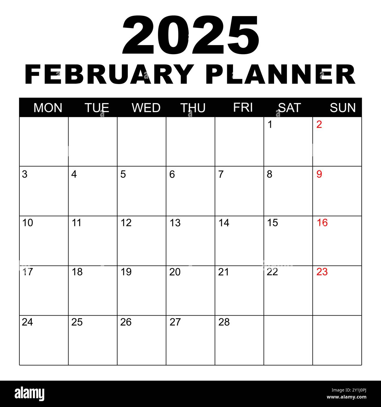 Kalender Februar 2025. Die Woche beginnt am Montag. Leere Kalendervorlage. Passt Auf Seite Im Format Letter. Schreibwarendesign. Einfacher Kalender festlegen 2025. Monatlich . Stock Vektor