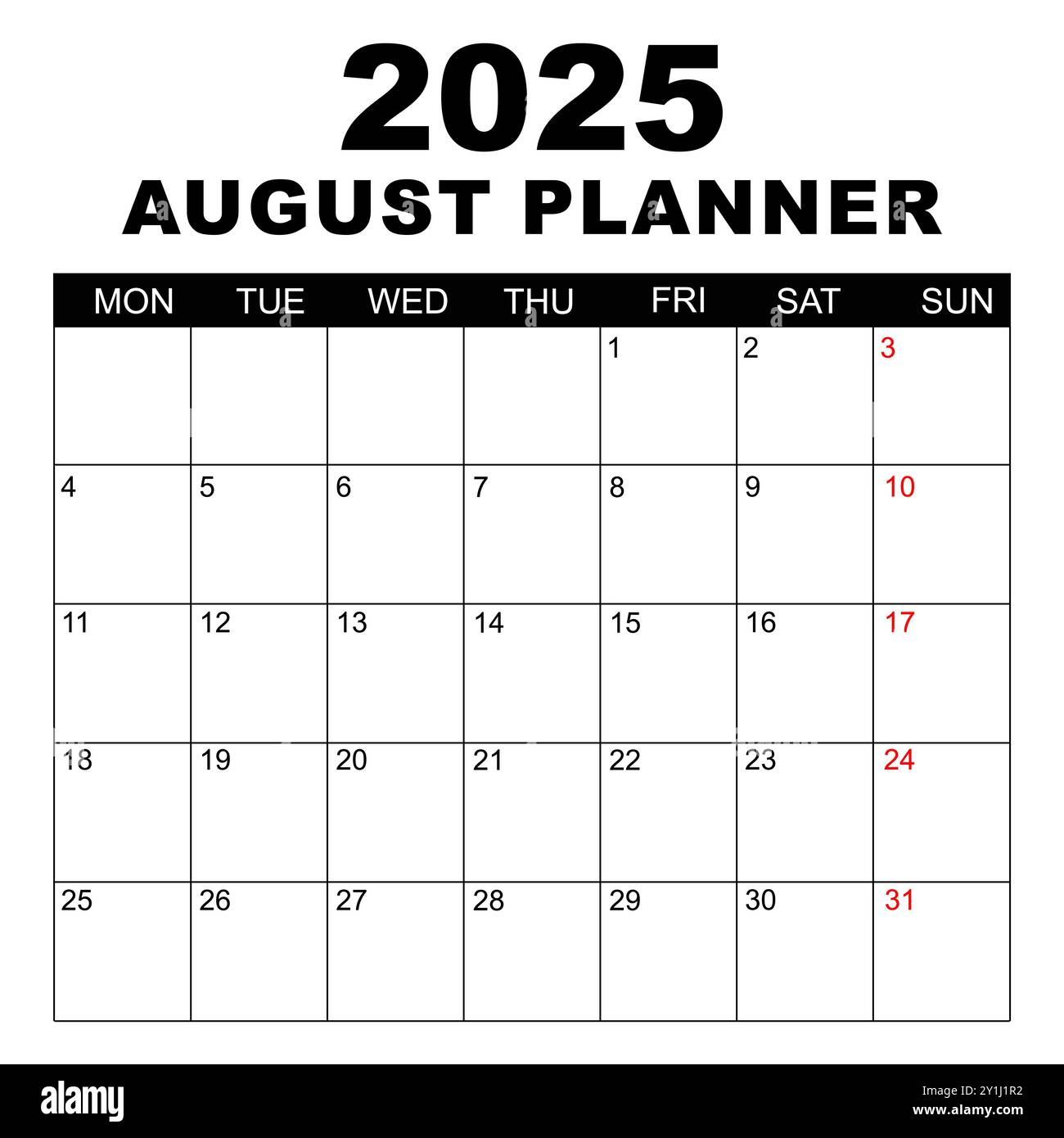 August 2025-Kalender. Die Woche beginnt am Montag. Leere Kalendervorlage. Passt Auf Seite Im Format Letter. Schreibwarendesign. Einfacher Kalender festlegen 2025. Monatlich . Stock Vektor