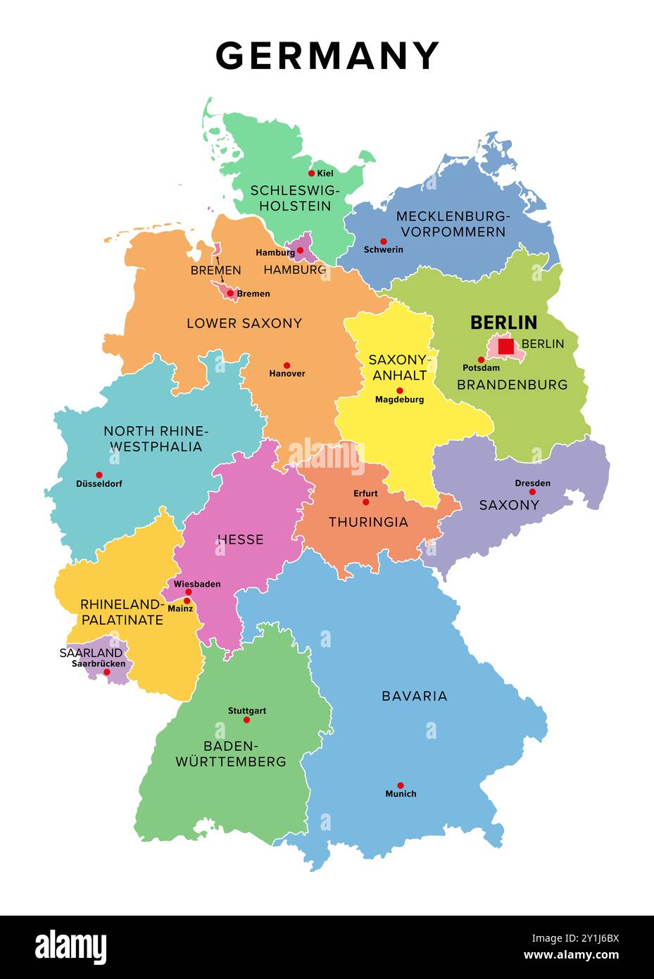 Deutschland, 16 konstituierende staaten mit Grenzen und Hauptstädten, mehrfarbige politische Landkarte. Die Bundesrepublik Deutschland, ein Land in Mitteleuropa. Stockfoto