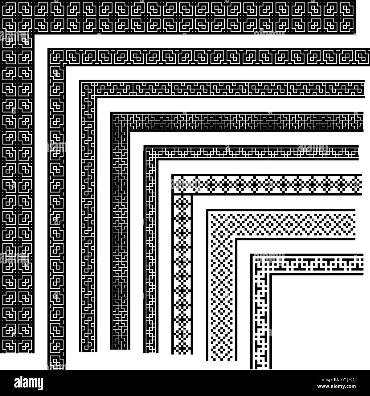 Ein Satz geometrischer rechtwinkliger Rahmen und Rahmen (Satz 3) aus islamischer Kunst. Jedes Muster hat 2 Typen, dick und Normal. Stock Vektor