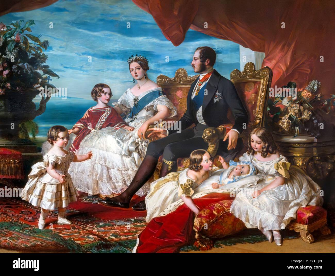 Die Familie der Königin Victoria von Franz Xaver Winterhalter, Öl auf Leinwand, 1846. Prinz Albert sitzt neben Königin Victoria. Der Prinz von Wales, der eine russische Bluse trägt, steht neben seiner Mutter. Prinz Alfred ist links im Rock-Outfit. Victoria, Prinzessin Royal, Prinzessin Alice und die kleine Prinzessin Helena sind auf der rechten Seite Stockfoto