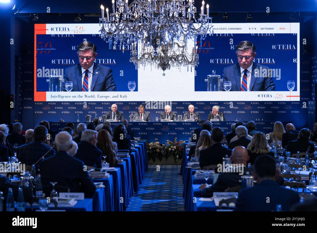 Cernobbio, TEHA FORUM 2024 zweiter Arbeitstag abgebildet: Ben Cardin Mike Johnson Lindesey Graham Stockfoto