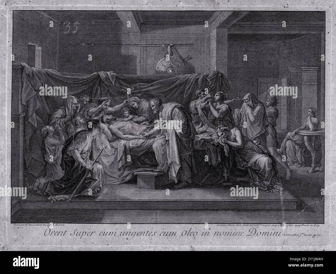 Ein christlich-römischer Soldat wird von einem Priester extrem gedient. Radierung von Beyer nach N. Poussin. Stockfoto