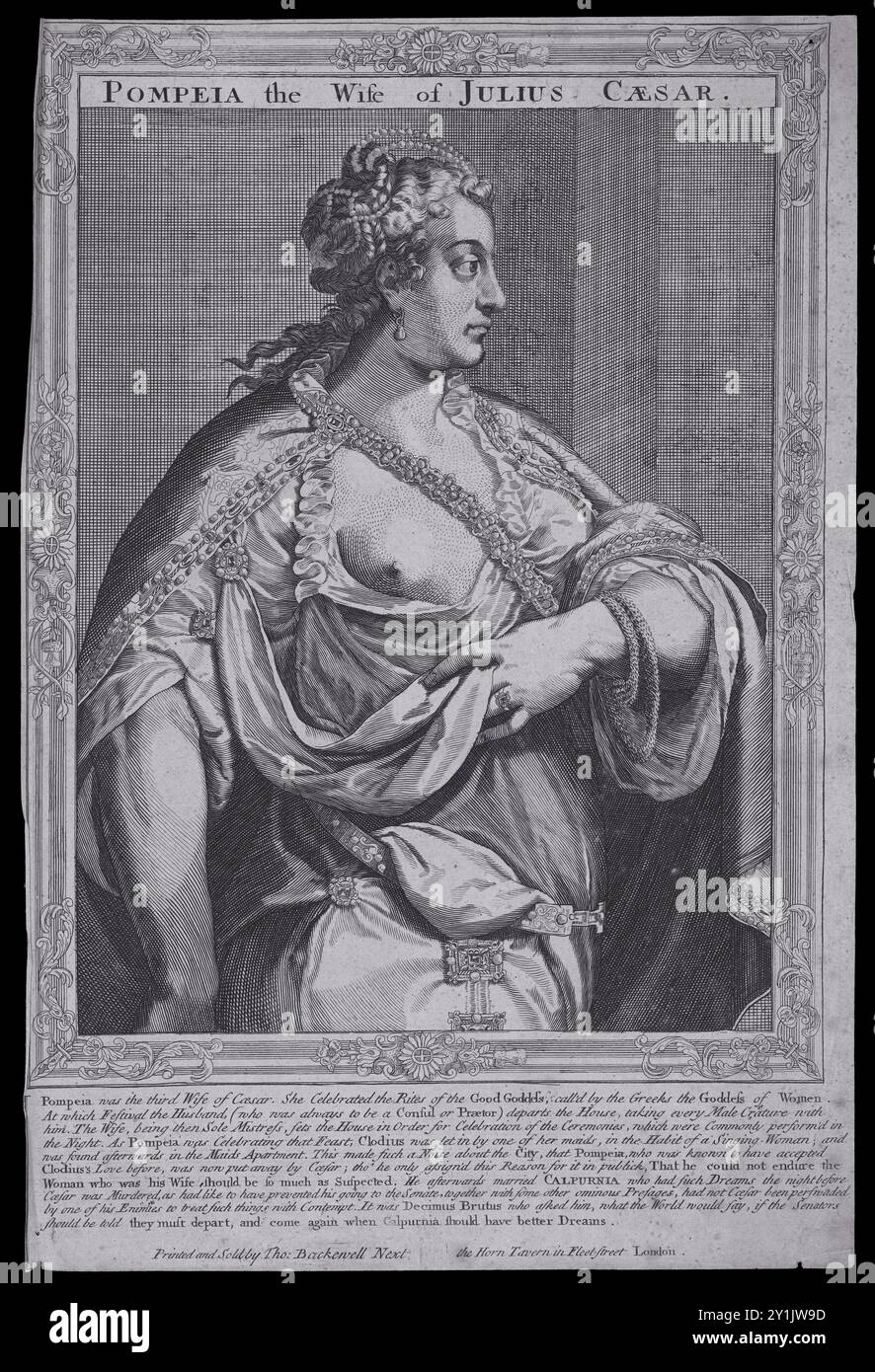 Pompeji, Ehefrau von Julius Cäsar, dargestellt in einem Linienstich aus dem 16. Jahrhundert, der von A. Sadeler nach einem Originalwerk Tizians (um 1488–1576) geschaffen wurde. Dieser zwischen 1700 und 1799 entstandene Kupferstich zeigt eine Renaissance-Interpretation der römischen Matron, bekannt für ihre Verbindung zu einer der berühmtesten Persönlichkeiten der Geschichte. Stockfoto