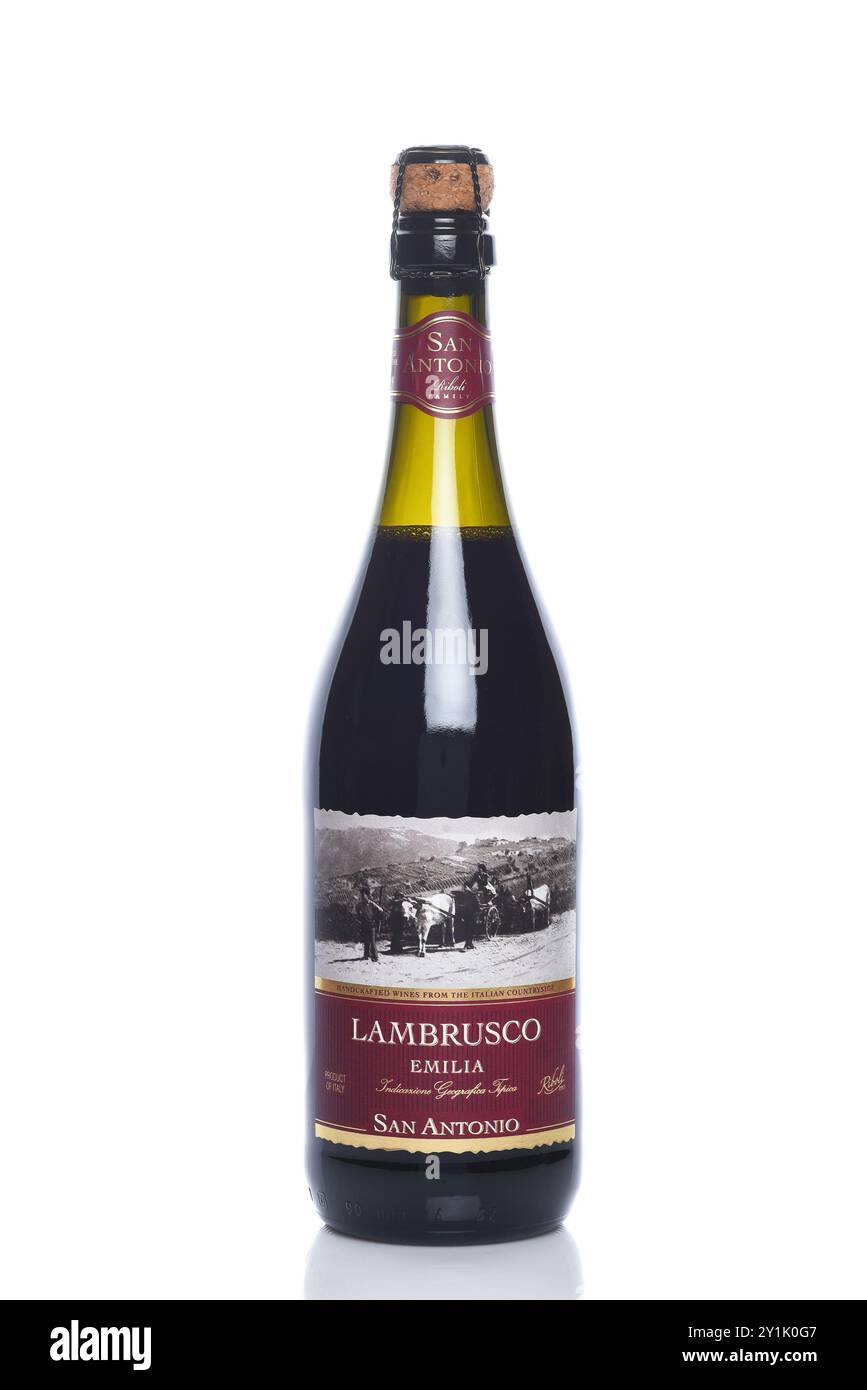 IRVINE, KALIFORNIEN - 6. SEPTEMBER 2024: Eine Flasche Lambrusco von der Weinkellerei San Antonio und der Familie Riboli. Stockfoto