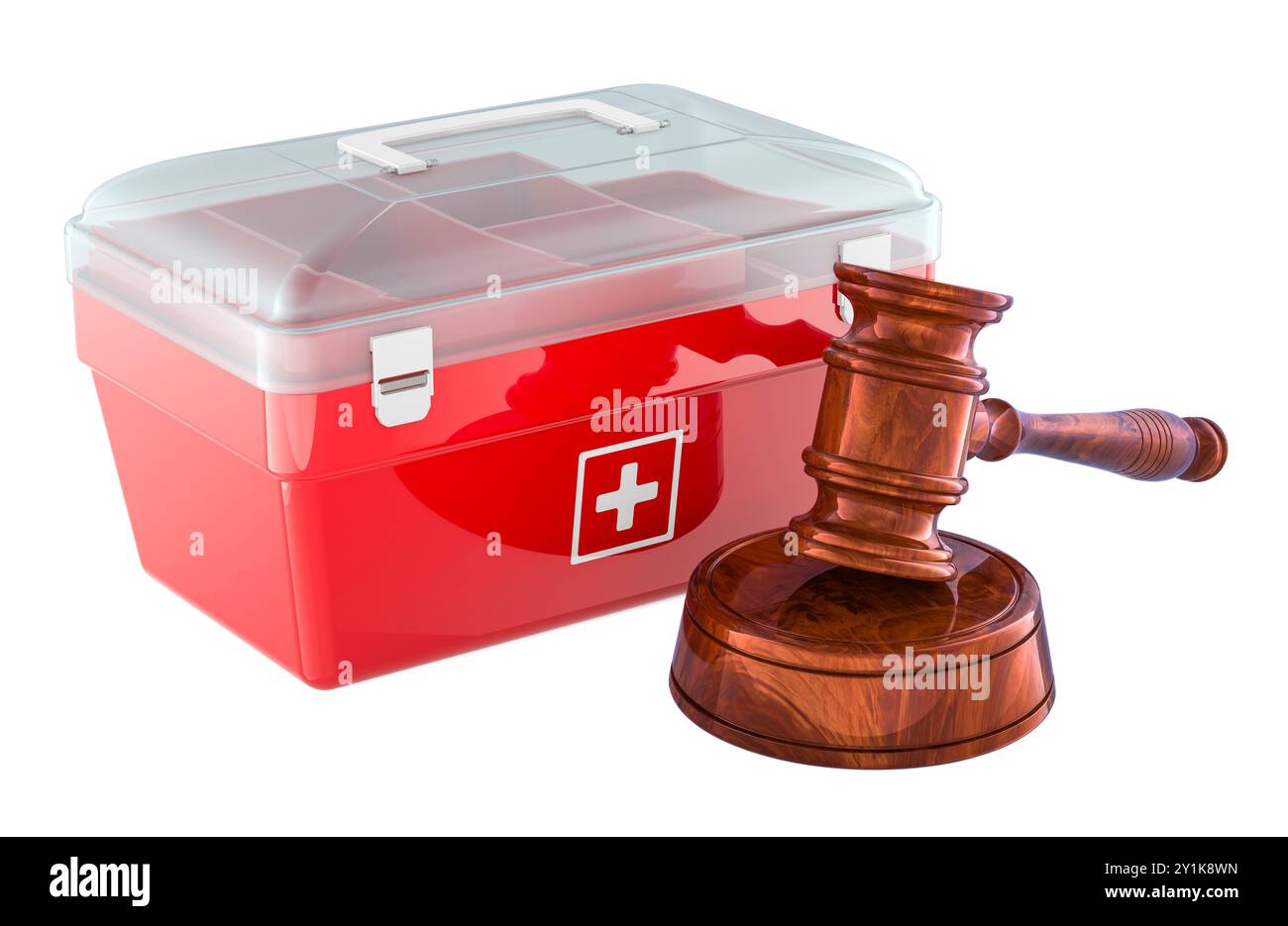 Erste-Hilfe-Kasten mit Holzgabel, 3D-Rendering isoliert auf weißem Hintergrund Stockfoto