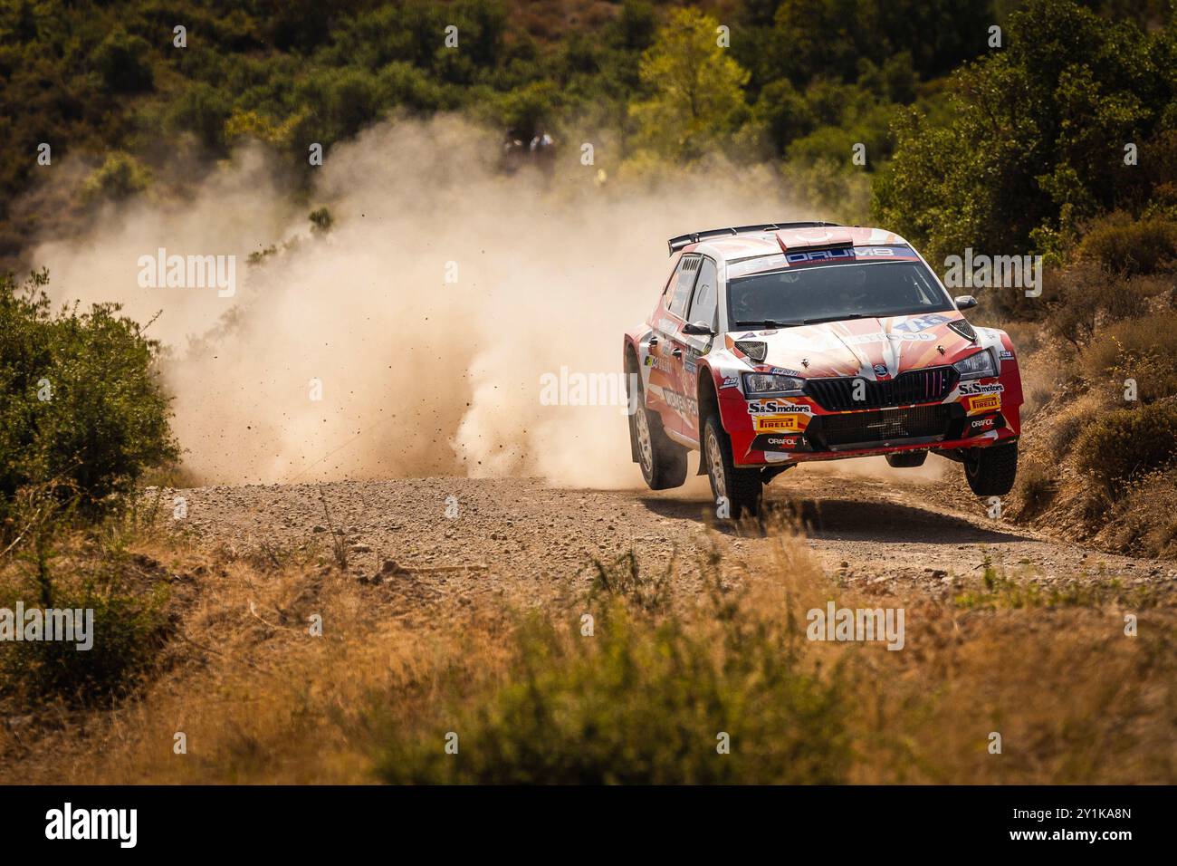 49 CETINKAYA Burcu, PONS Fabrizia, Skoda Fabia Evo Rally2, Aktion während der Akropolis Rallye, Griechenland. , . WRC World Rallye Car Championship, vom 1. Bis 4. September 2024 in Lamia, Griechenland - Foto Nikos Katikis/DPPI Credit: DPPI Media/Alamy Live News Stockfoto