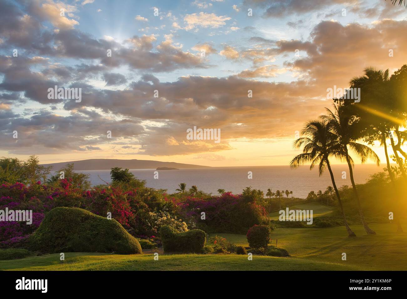Wunderschöner goldener Sonnenuntergang in wailea. Stockfoto
