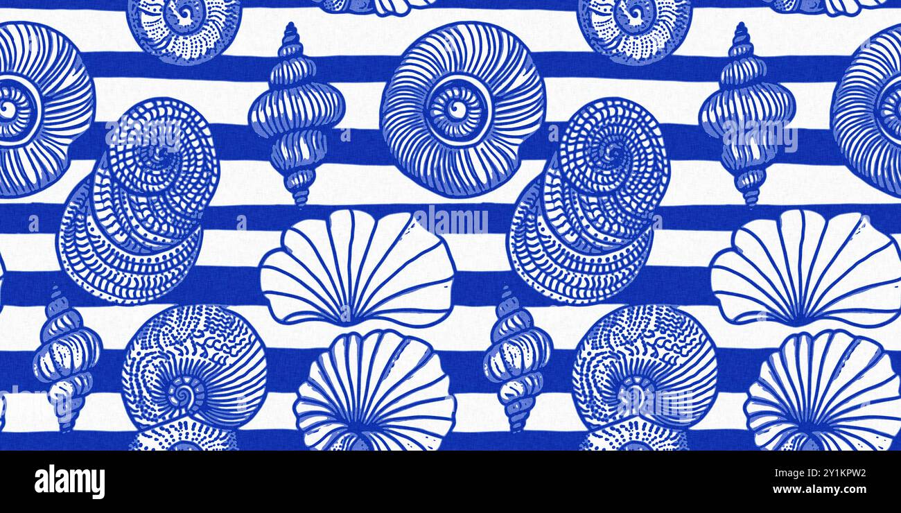 Modernes Cottage am Strand rustikale Muschelblöcke Muster Wohnkultur, Sealife Bannerstil. Azurblaues weißes Muschelmotiv mit nahtlosem Leinen-Batikmuster Stockfoto
