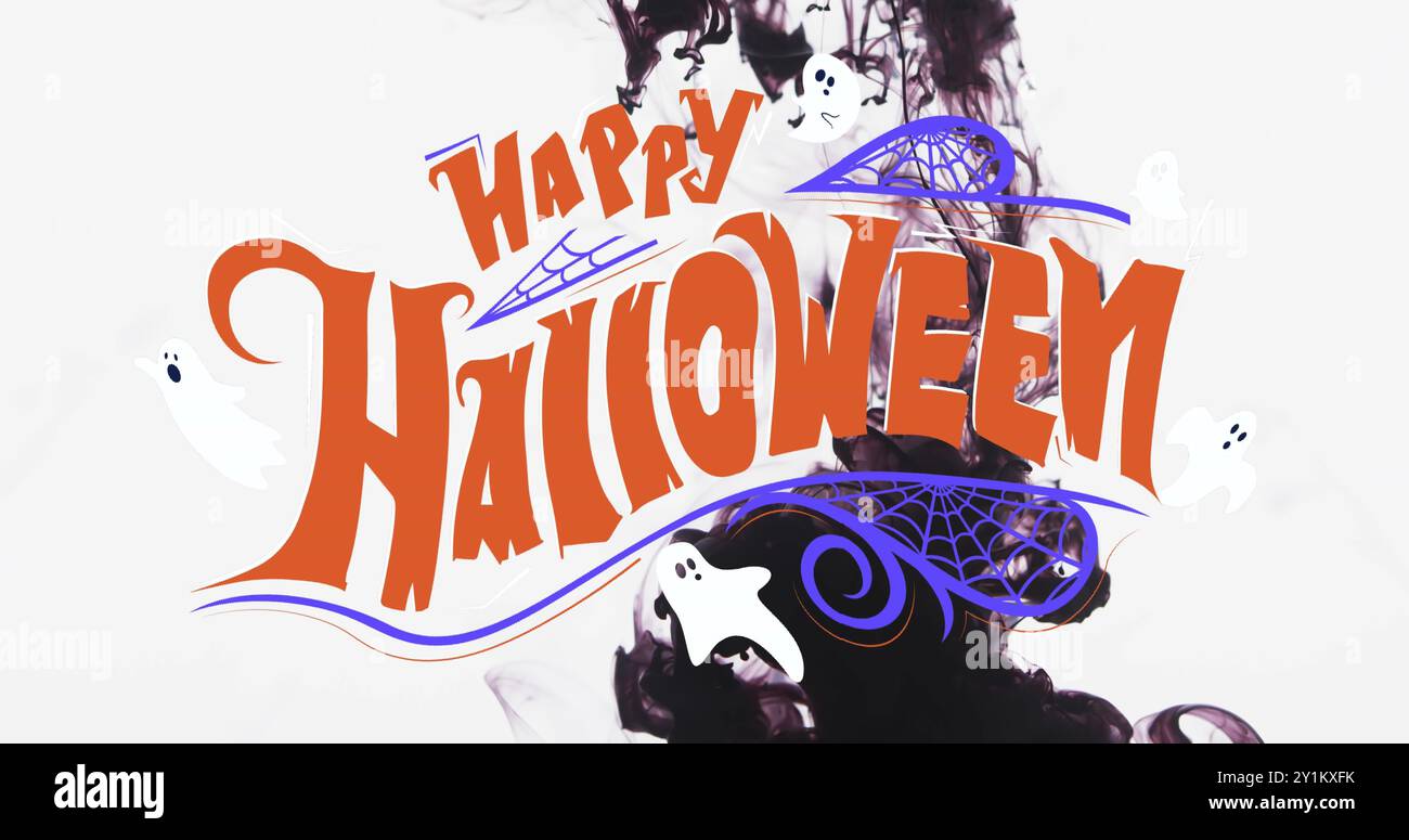 Bild von Happy halloween Text auf schwarz-weißem Hintergrund Stockfoto