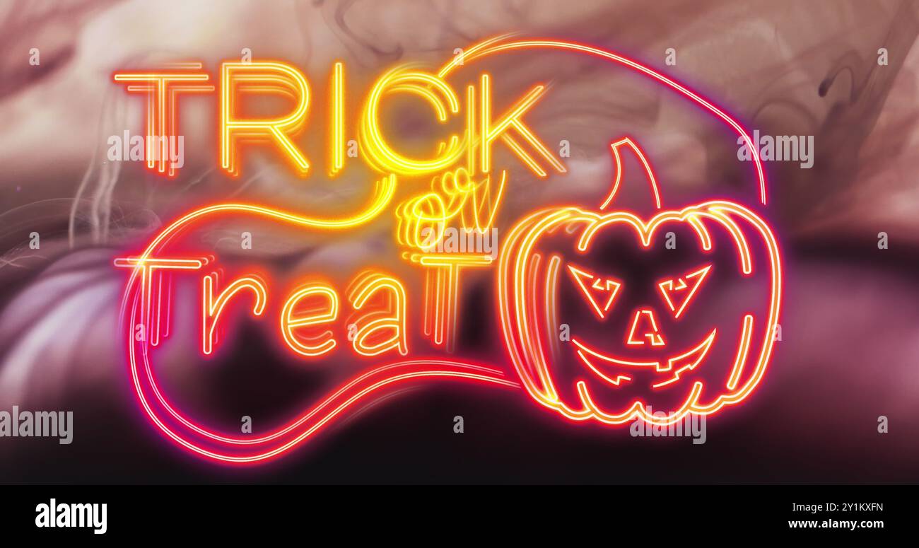 Bild von Trick or Treat Text und Kürbis auf rosa Rauchhintergrund Stockfoto