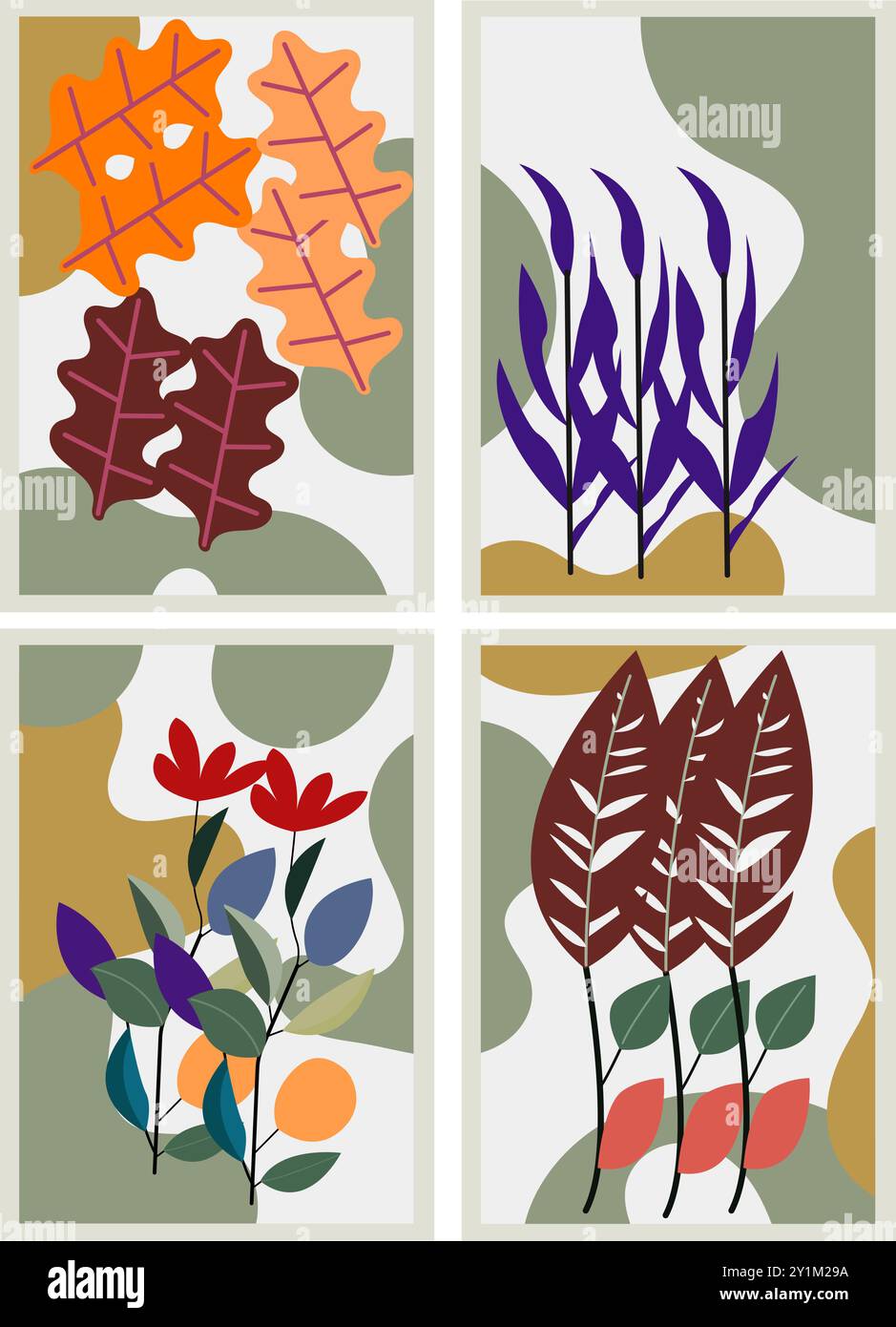 Dieses abstrakte, von der Natur inspirierte Kunstwerk verfügt über vier unterschiedliche Panels mit jeweils einer einzigartigen Komposition aus bunten Blättern, Blumen und abstrakten Formen Stock Vektor