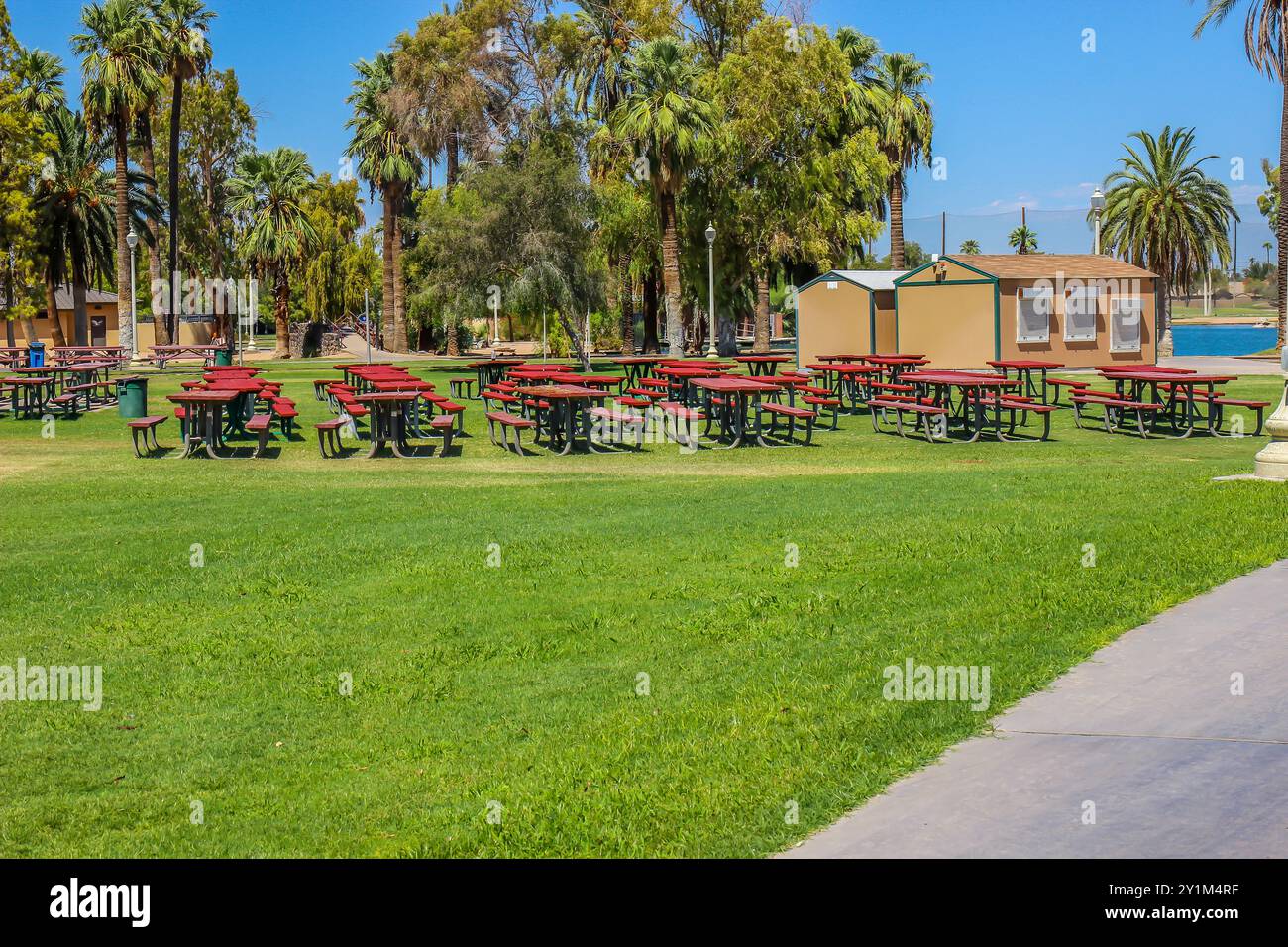 Reihe Von Picknicktischen Im Essbereich Im Local Park Stockfoto