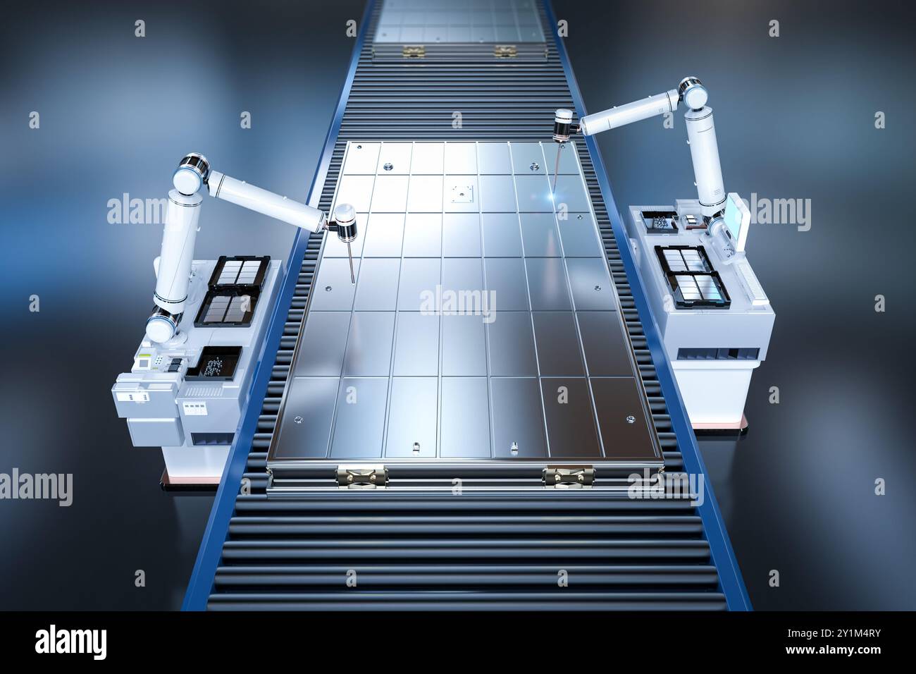 Automatisierungsbatterieherstellung mit 3D-Rendering-Li-Ionen oder wiederaufladbarer Batterie, die vom Roboterarm erzeugt wird Stockfoto
