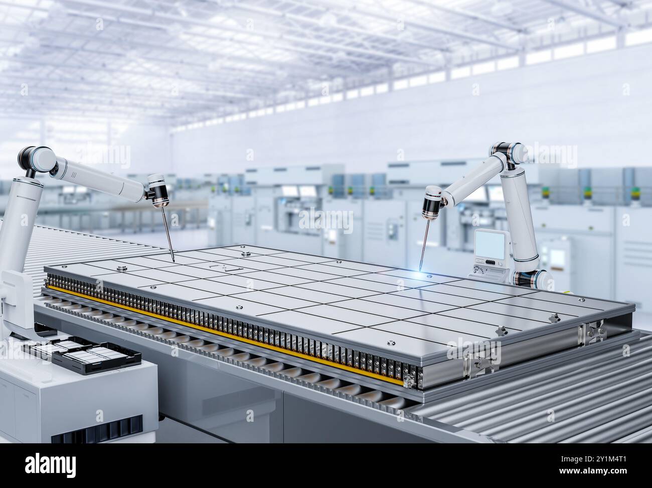 Automatisierungsbatterieherstellung mit 3D-Rendering-Li-Ionen oder wiederaufladbarer Batterie, die vom Roboterarm erzeugt wird Stockfoto