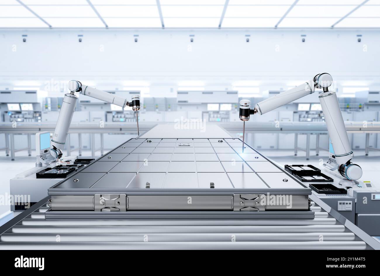 Automatisierungsbatterieherstellung mit 3D-Rendering-Li-Ionen oder wiederaufladbarer Batterie, die vom Roboterarm erzeugt wird Stockfoto