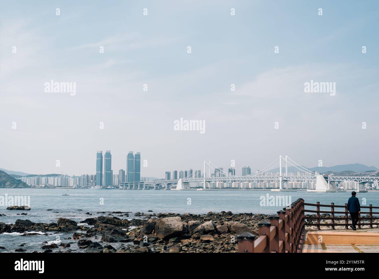 Blick auf die Gwangan-Brücke und Meereslandschaft von der Insel Dongbaekseom in Busan, Korea Stockfoto
