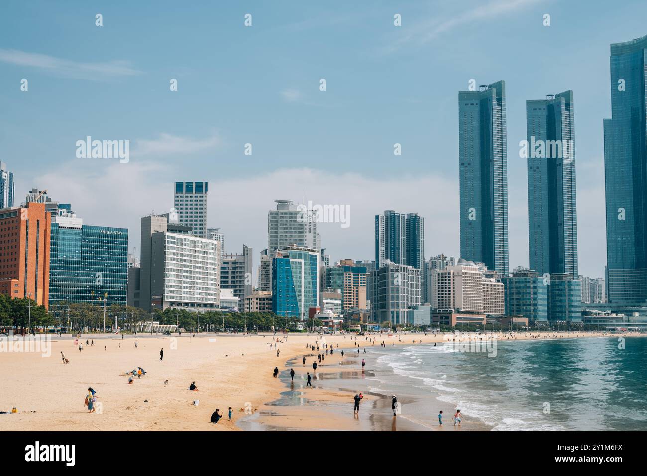 Busan, Korea - 6. April 2024: Haeundae Beach und Wolkenkratzer Stockfoto