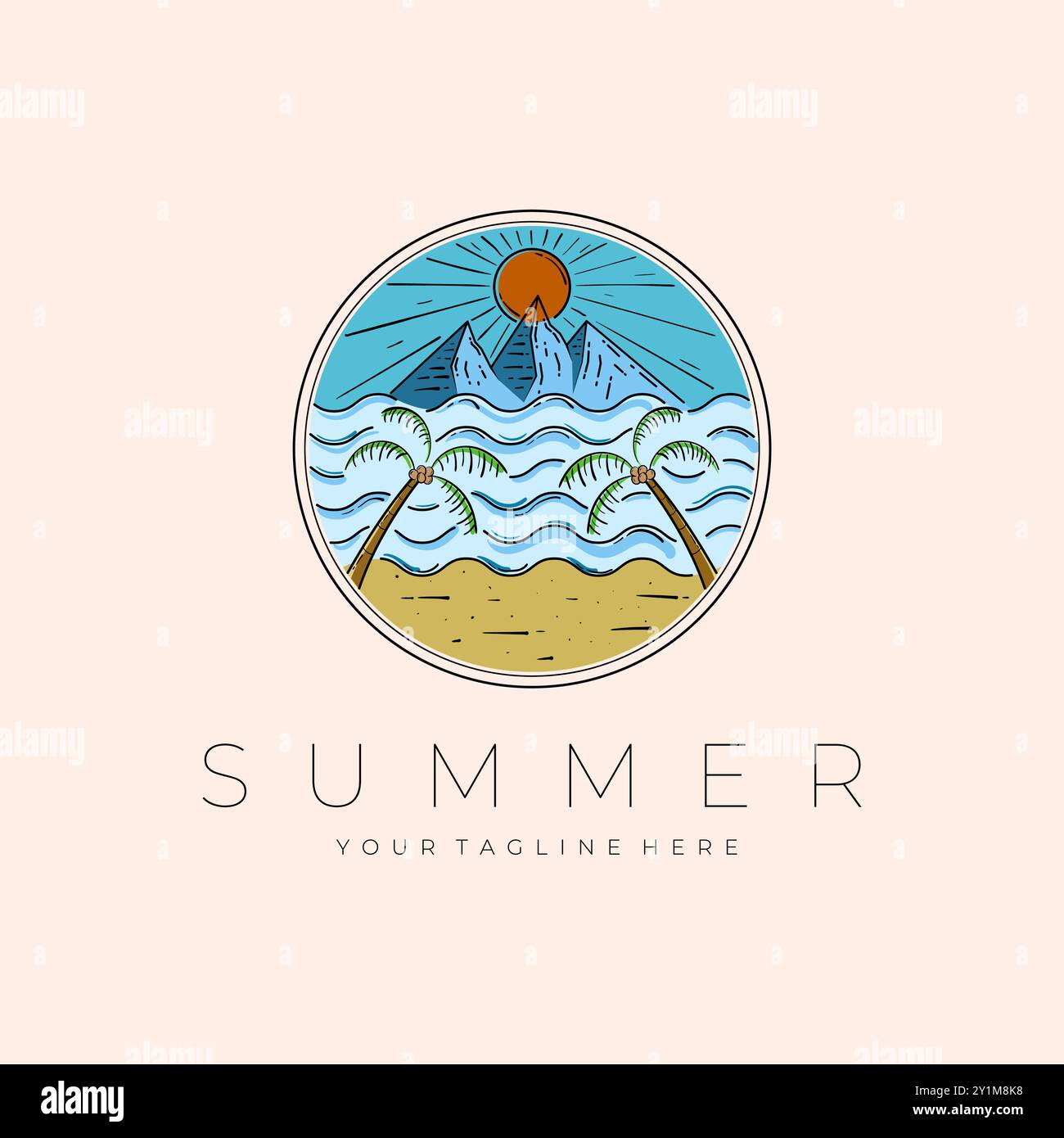 Sommer Landschaft Logo Vektor Illustration Design, Strand Im Freien Emblem Design Stock Vektor