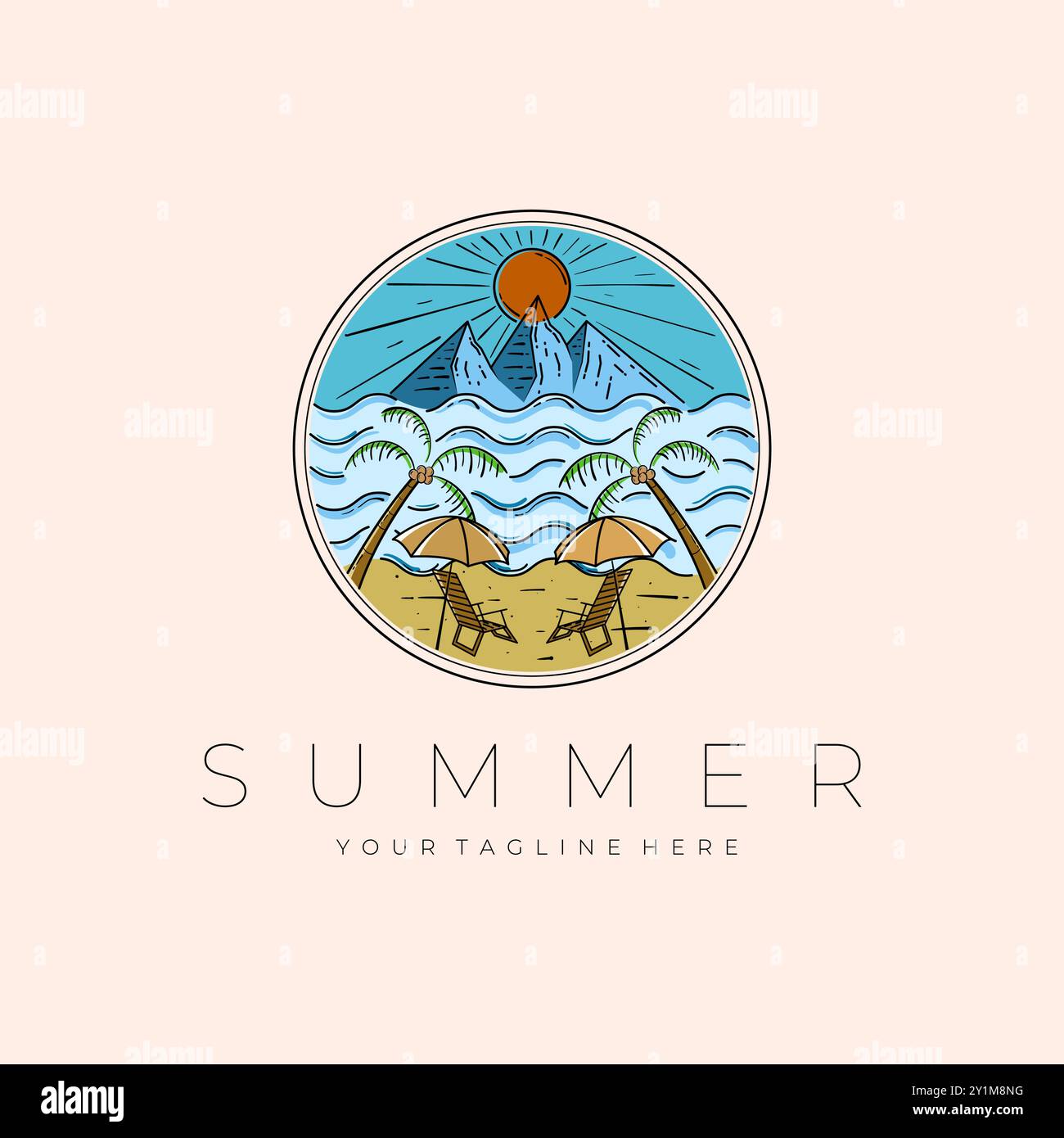 Sommer Landschaft Logo Vektor Illustration Design, Strand Im Freien Emblem Design Stock Vektor