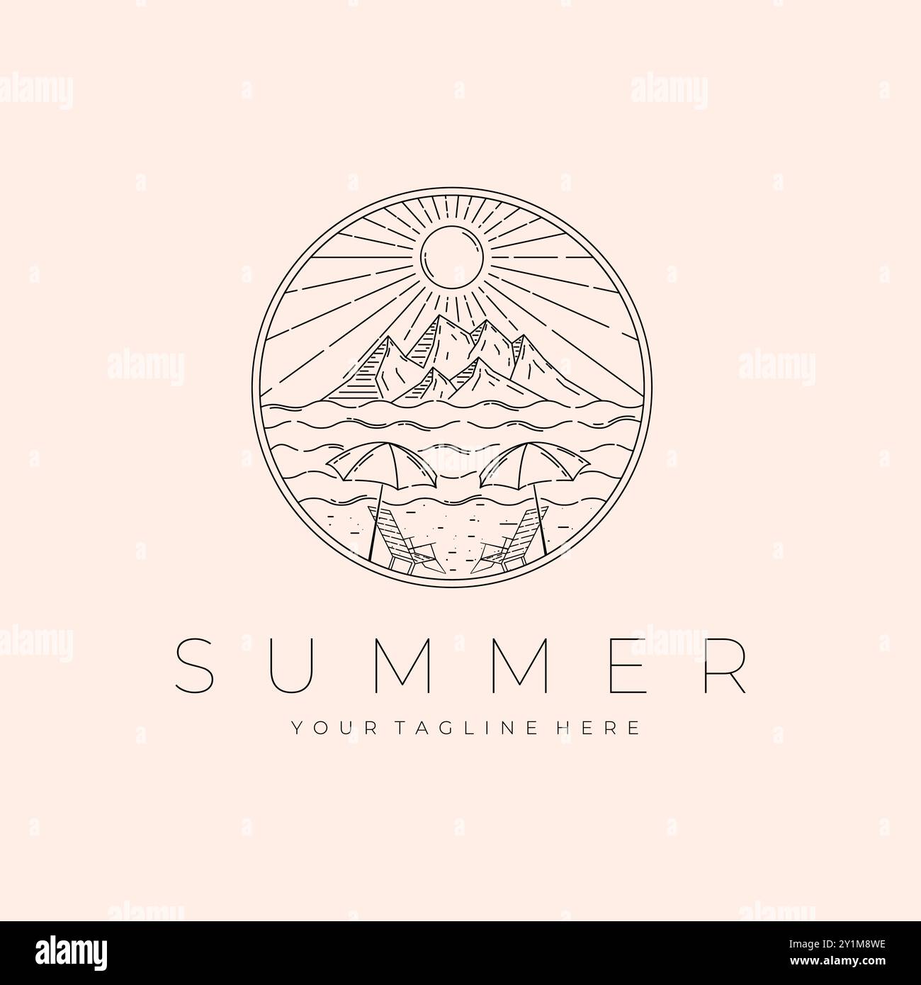 Outdoor Line Art Logo Vektor Illustration Design, Berg und Strand Logo Design Stock Vektor