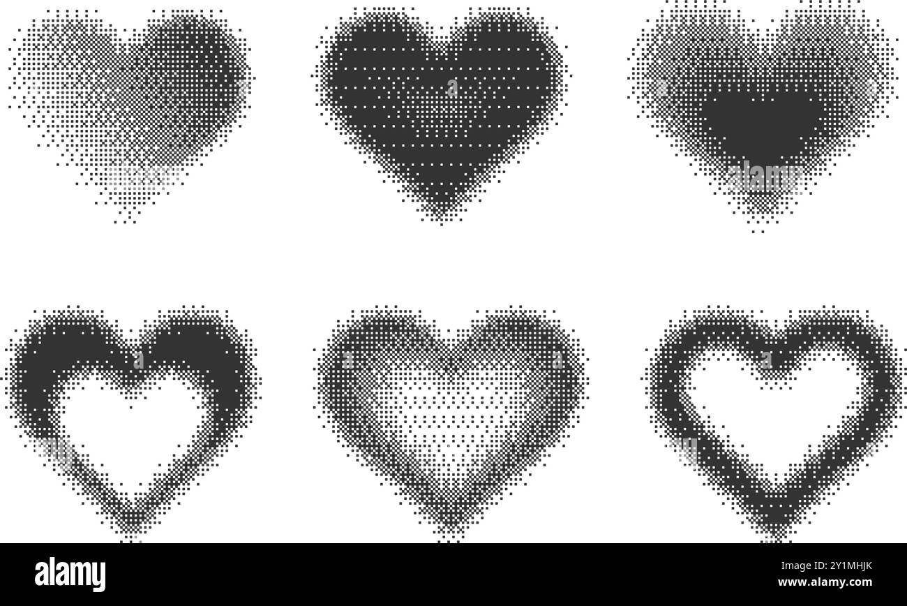 Bitmap-Pixel-Arcade-Spieleeffekt. Herz y2k Halbtonform. Vektordither Ästhetische Verlaufsglüh-Symbole. 2000er-Jahre-Design mit grobkörniger Illustration Stock Vektor
