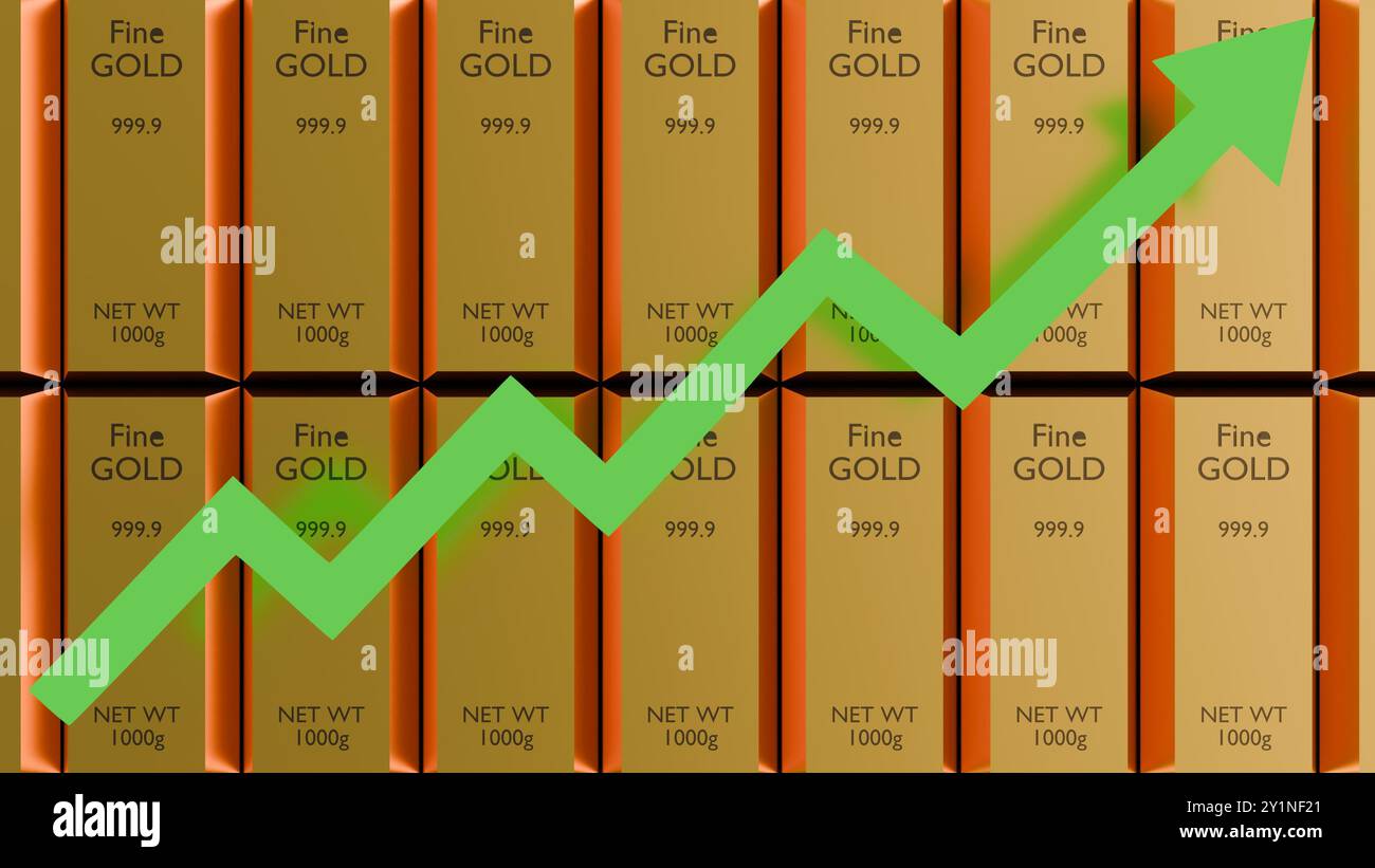 Ein 3D-Rendering von gestapelten Goldbarren mit einem grünen Pfeil, der ein Aufwärtswachstum oder einen positiven Trend anzeigt. Stockfoto
