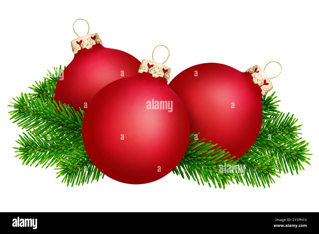 3 rote Weihnachtskugeln und Tannenzweige isoliert auf weißem Hintergrund Stockfoto