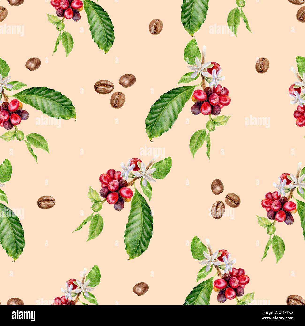 Nahtloses Aquarellkaffee-Zweigmuster auf Kraftpapier-Hintergrund Stockfoto