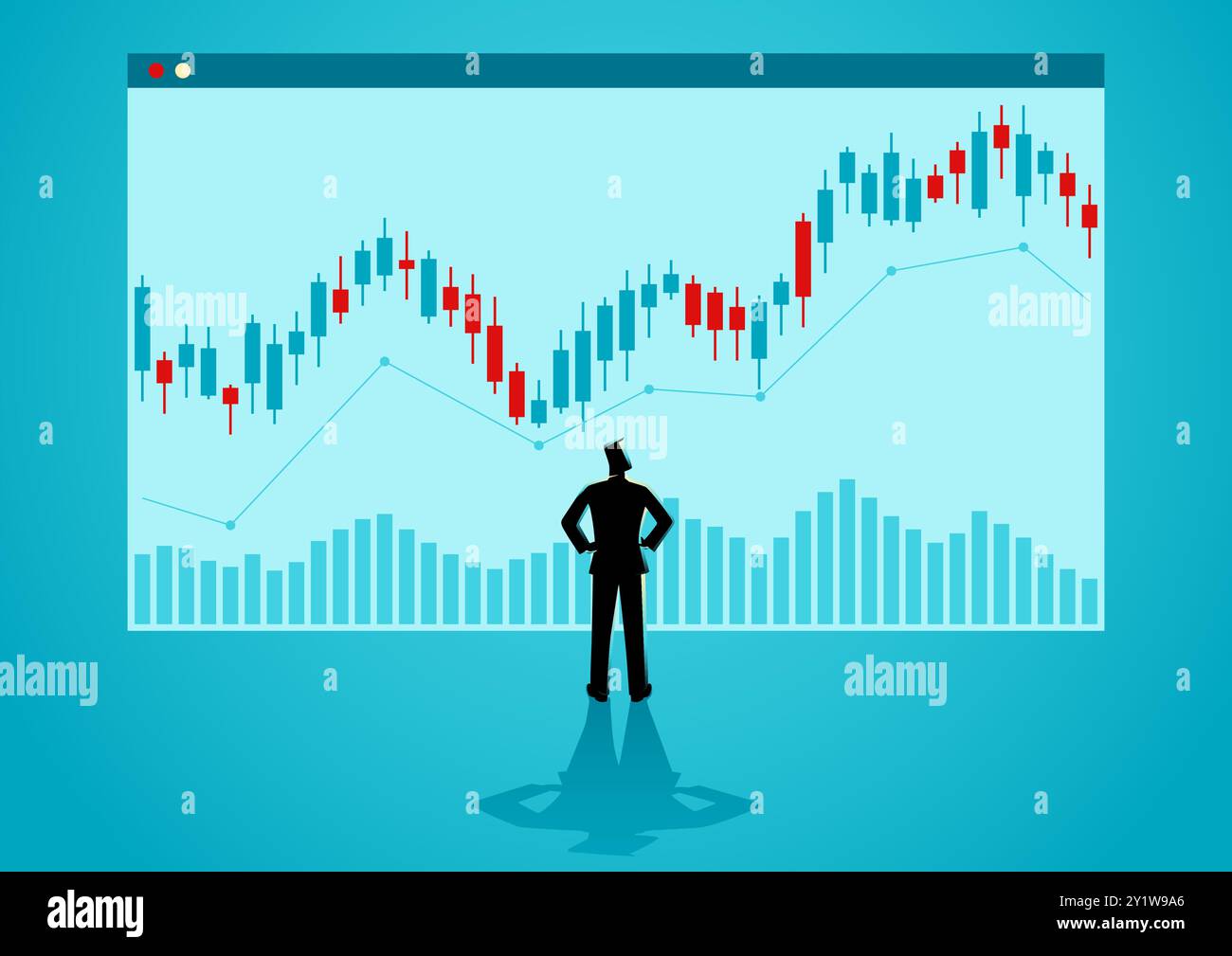 Vektor-Illustration eines Geschäftsmannes, der einen riesigen Bildschirm mit einem Börsendiagramm überwacht. Ideal für Anlagematerialien, Finanzdienstleistungen, f Stock Vektor