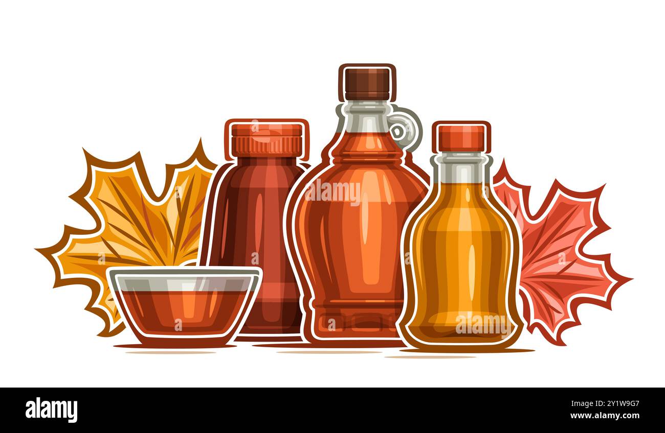 Vektor-Illustration für Ahornsirup, dekorative Plakette mit Zeichentrickdesign Ahorn kanadische Sirup Zusammensetzung in Glas Plastikgläsern, trockener Herbst Ahorn l Stock Vektor