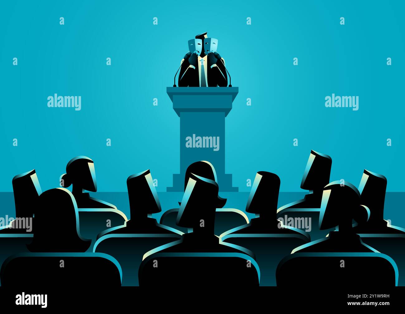 Politiker, der sowohl eine glückliche als auch eine traurige Maske auf dem Podium hält, politisches Persönlichkeitssymbol, das die Dualität der Ausdrucksformen in den Augen der Öffentlichkeit vermittelt Stock Vektor