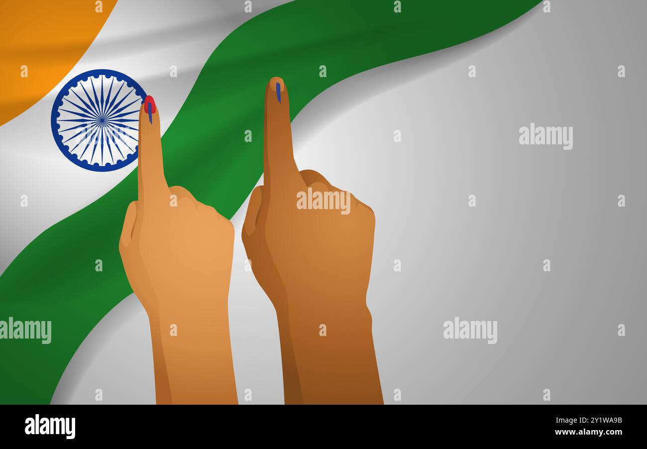 Vektor-Illustration von männlichen und weiblichen Fingern markiert mit blauer Tinte, die vor dem Hintergrund der indischen Flagge gesetzt wird, Bürgerpflicht, Wahlbeteiligung, Stock Vektor