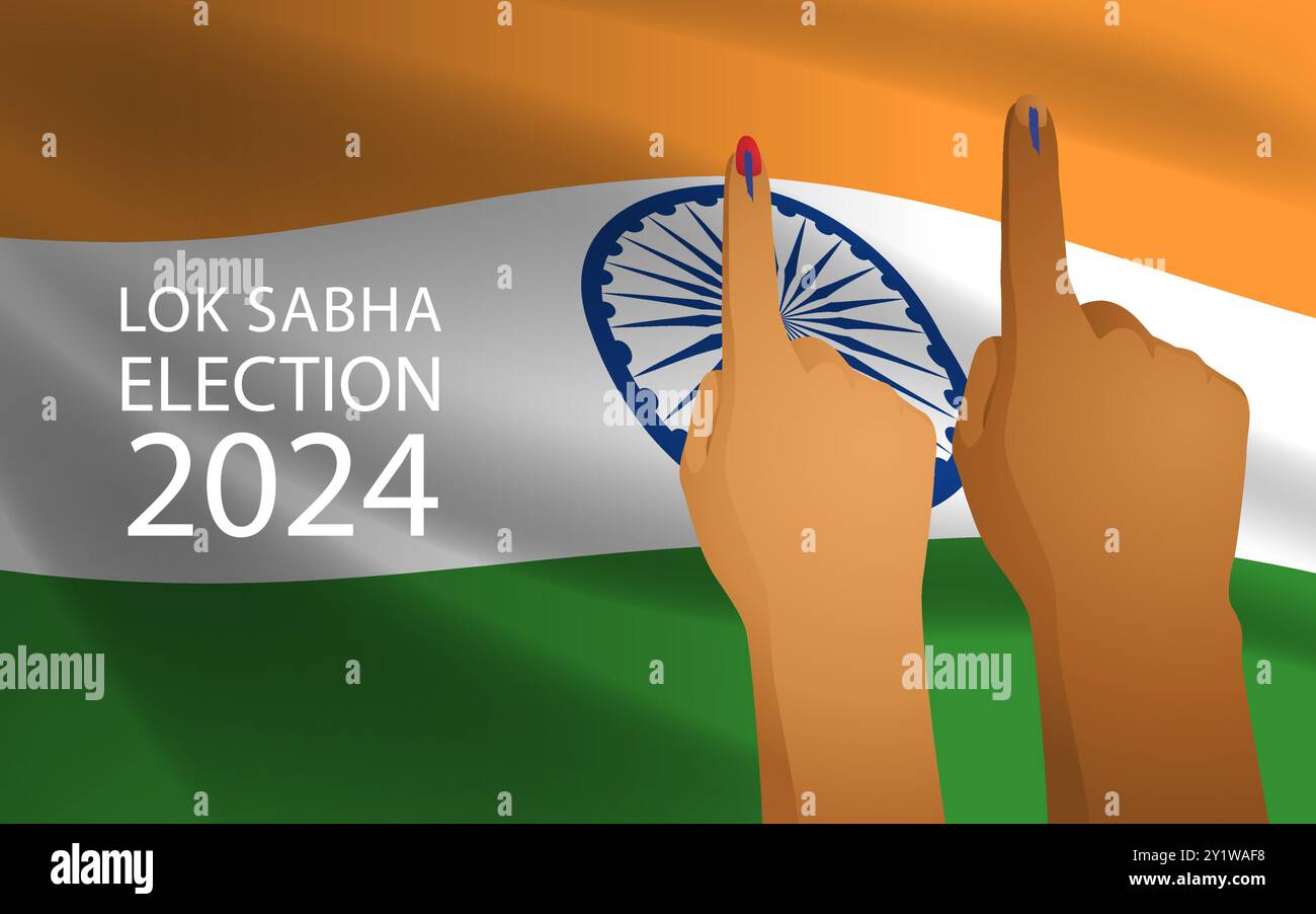 Vektor-Illustration von männlichen und weiblichen Fingern markiert mit blauer Tinte vor dem Hintergrund der indischen Flagge, Bürgerpflicht, Wahlbeteiligung Stock Vektor