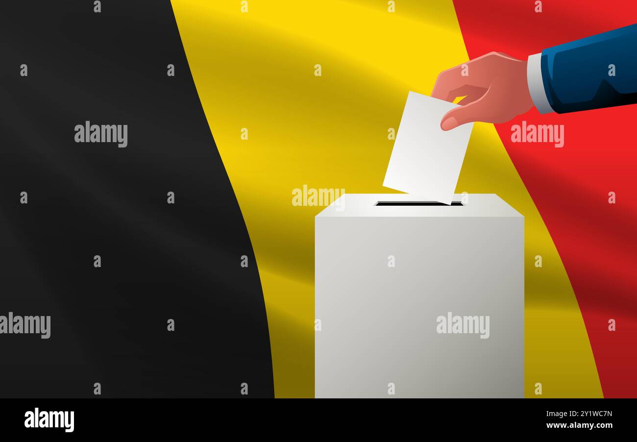 Feiern Sie die Demokratie in Belgien mit dieser Vektor-Illustration, mit einer Wahlbox mit belgischer Flagge als Hintergrund, Wahltag, Kopierraum für c Stock Vektor