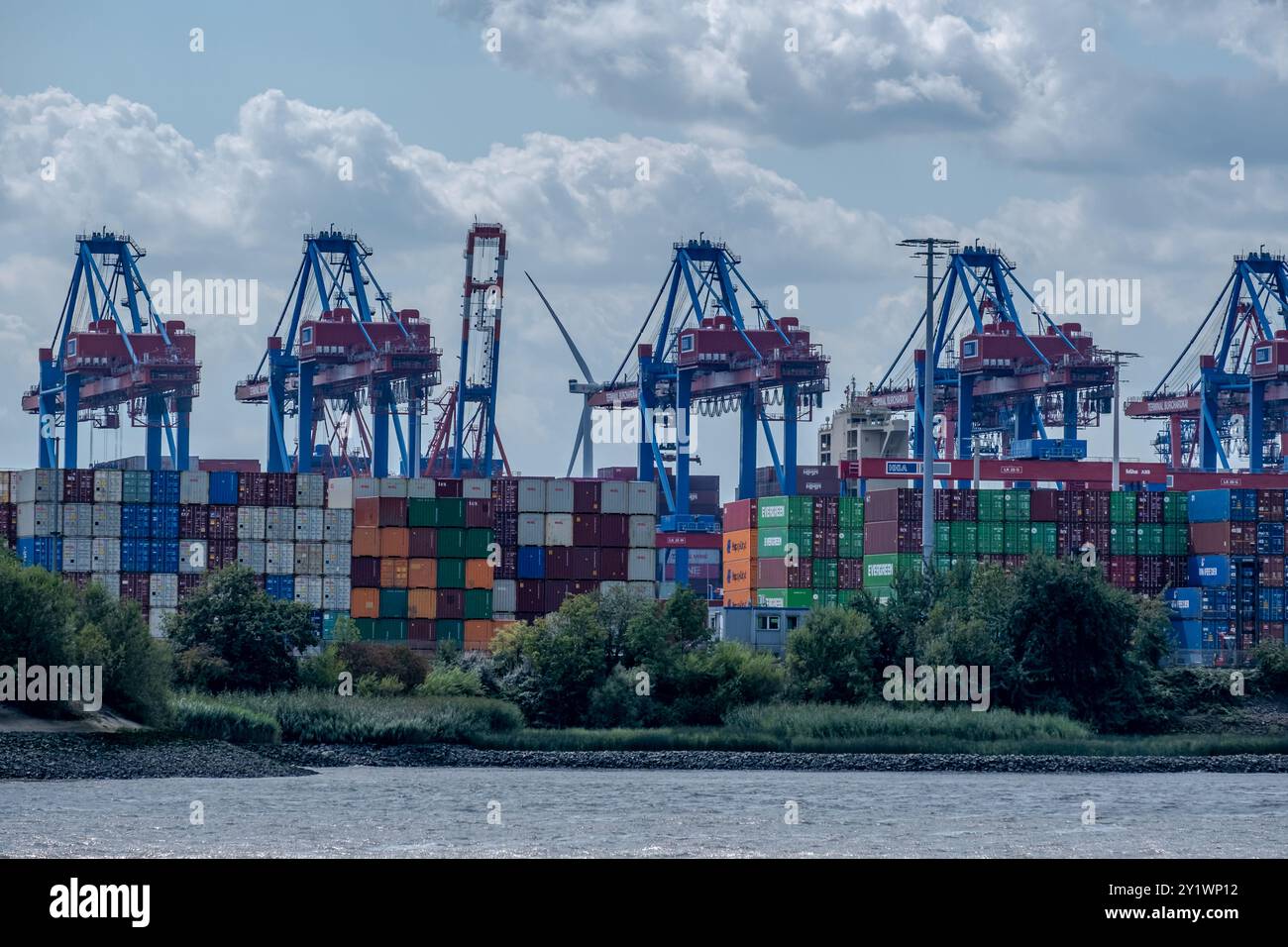 Hamburg - 08 10 2024: Blick von der Elbe auf gestapelte Container und Containerbrücken am Burchardkai im Hamburger Hafen Stockfoto