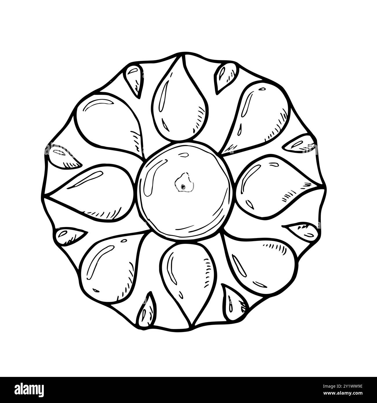 Diya Vektor isolierte Illustration mit schwarzen Tinten gemalt. Traditionelle Diwali brennende Lampe in Blütenform. Blick von oben auf das religiöse indische Symbol. Stock Vektor