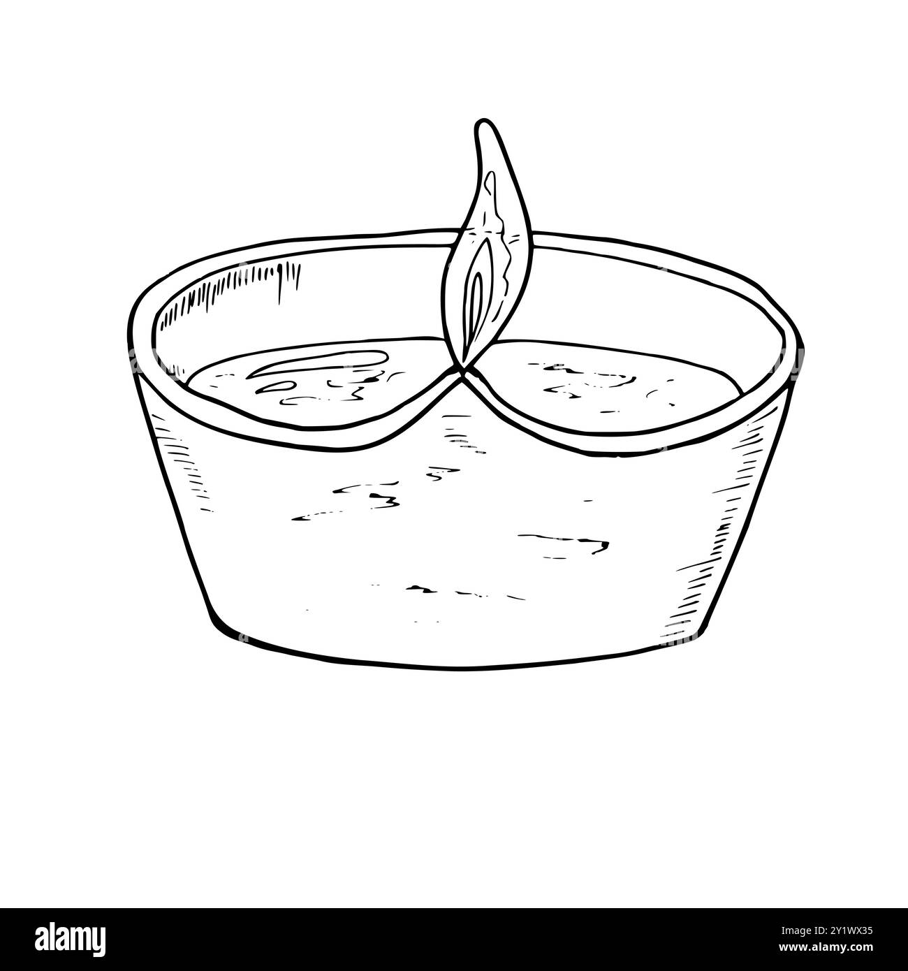 Öl Diwali Diya Lampe mit brennendem Flammenvektor isolierte monochrome Illustration. Weihnachtskerzenlampe ätzt Zeichnung für Festivals Stock Vektor