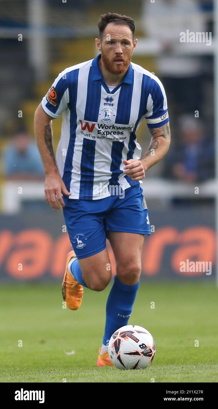 Tom Parkes von Hartlepool United während des Spiels der Vanarama National League zwischen Hartlepool United und dem FC Halifax Town im Victoria Park, Hartlepool am Samstag, den 7. September 2024. (Foto: Michael Driver | MI News) Credit: MI News & Sport /Alamy Live News Stockfoto