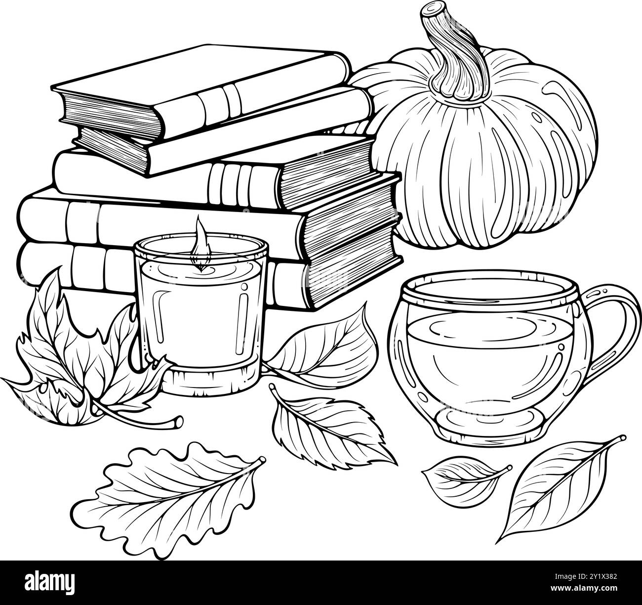 Stillleben im Herbst mit Büchern, Tee, Kürbisstrichkunst Stock Vektor