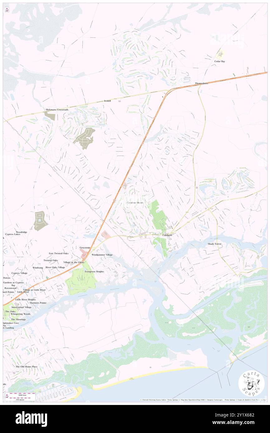 Carolina Shores, Brunswick County, USA, Vereinigte Staaten, North Carolina, n 33 54' 3'', S 78 34' 50'', Karte, Cartascapes Map, veröffentlicht 2024. Erkunden Sie Cartascapes, eine Karte, die die vielfältigen Landschaften, Kulturen und Ökosysteme der Erde enthüllt. Reisen Sie durch Zeit und Raum und entdecken Sie die Verflechtungen der Vergangenheit, Gegenwart und Zukunft unseres Planeten. Stockfoto