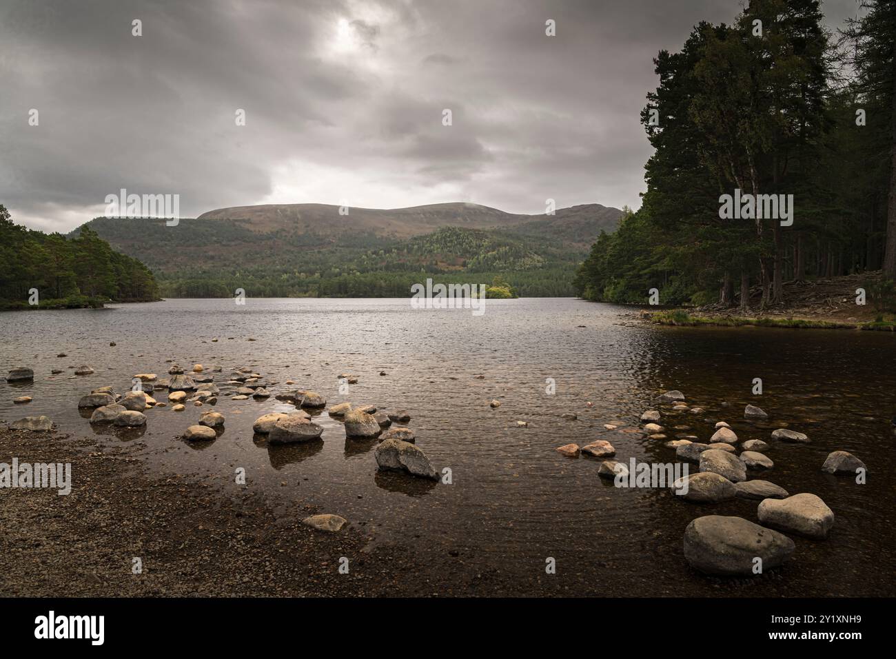 Ein herbstliches HDR-Bild von Loch an Eilean, Loch of the Island, im Rothiemurchus Forest, Cairngorm National Park, Perthshire, Schottland. September 2024 Stockfoto