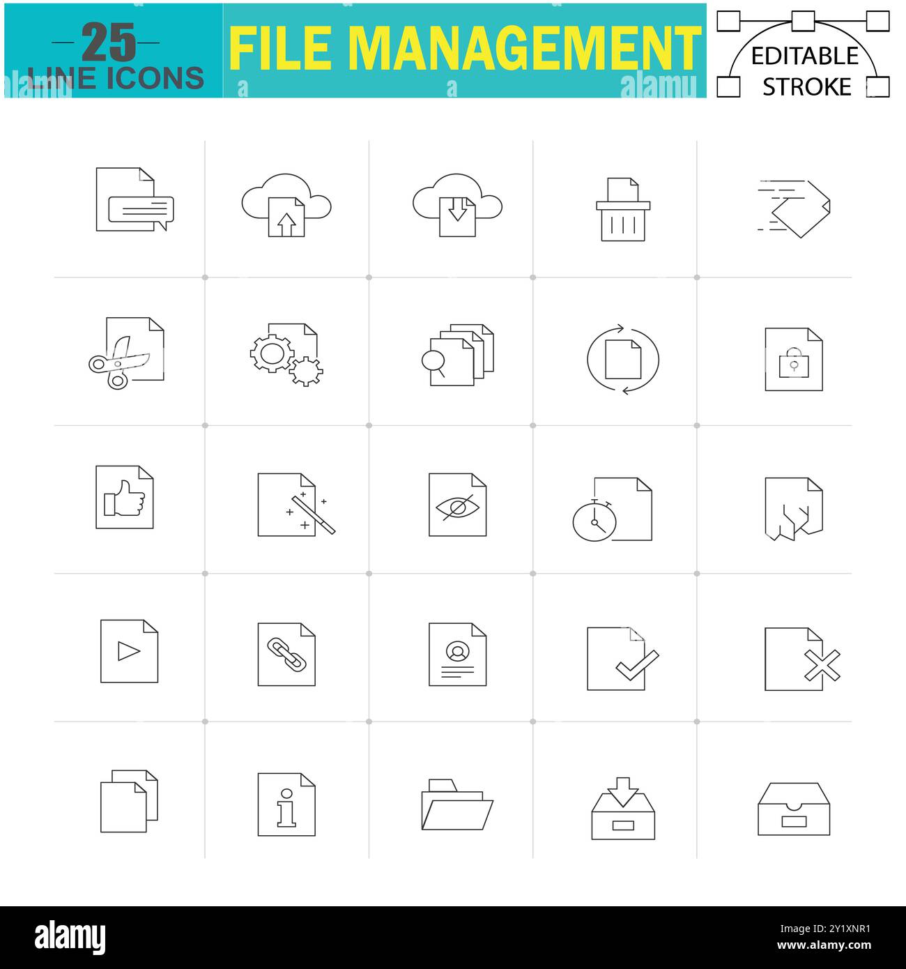Thin Line Dateiverwaltungssymbole Set – 25 bearbeitbare Kontursymbole für die Datenorganisation und Dateiverarbeitung in Websites und mobilen Apps. Stock Vektor