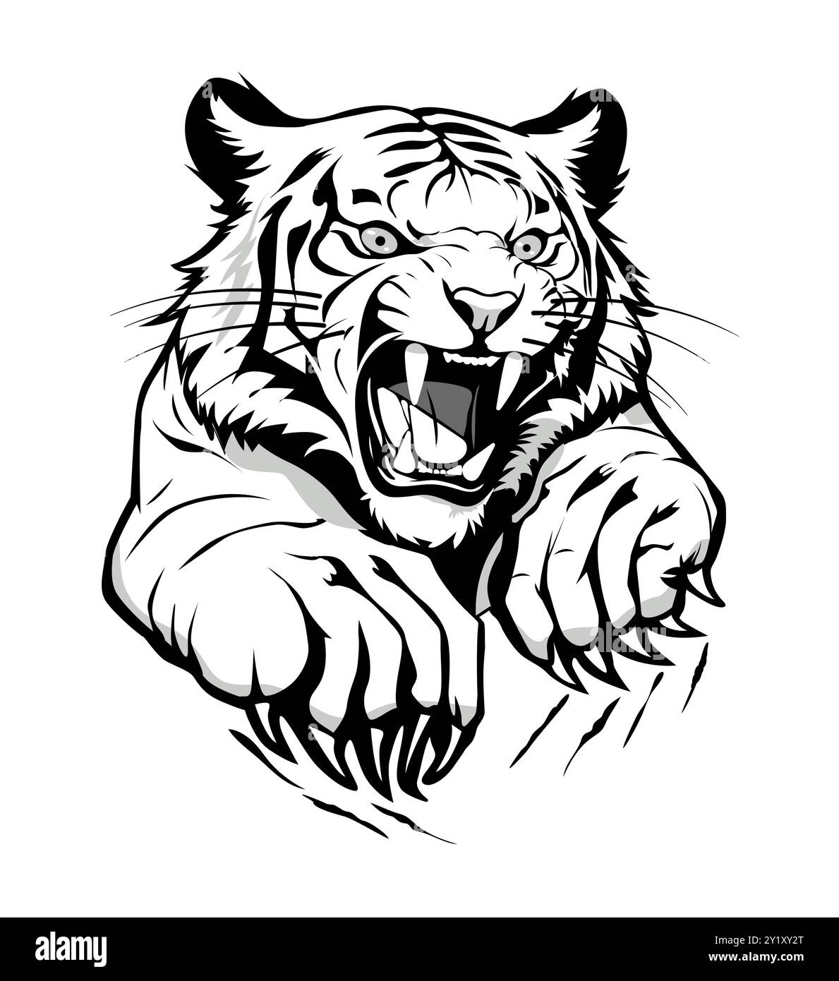 Schwarz-weiße Skizze eines Tigers mit knurrendem Mund und kräftigen Klauenpfoten. Stock Vektor