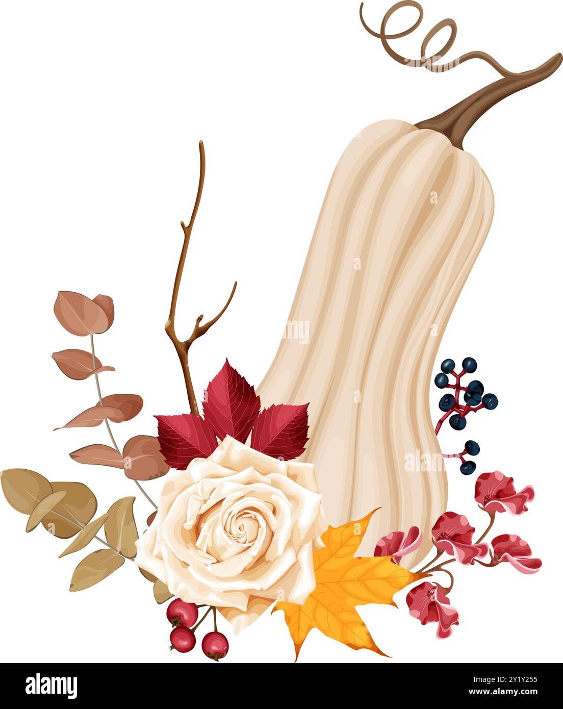 Die Vektor-Illustration zeigt einen weißen Kürbis umgeben von Elementen des Herbstes eine weiße Rose, Blätter und Beeren von wilden Trauben, Rosenhüften. Stock Vektor